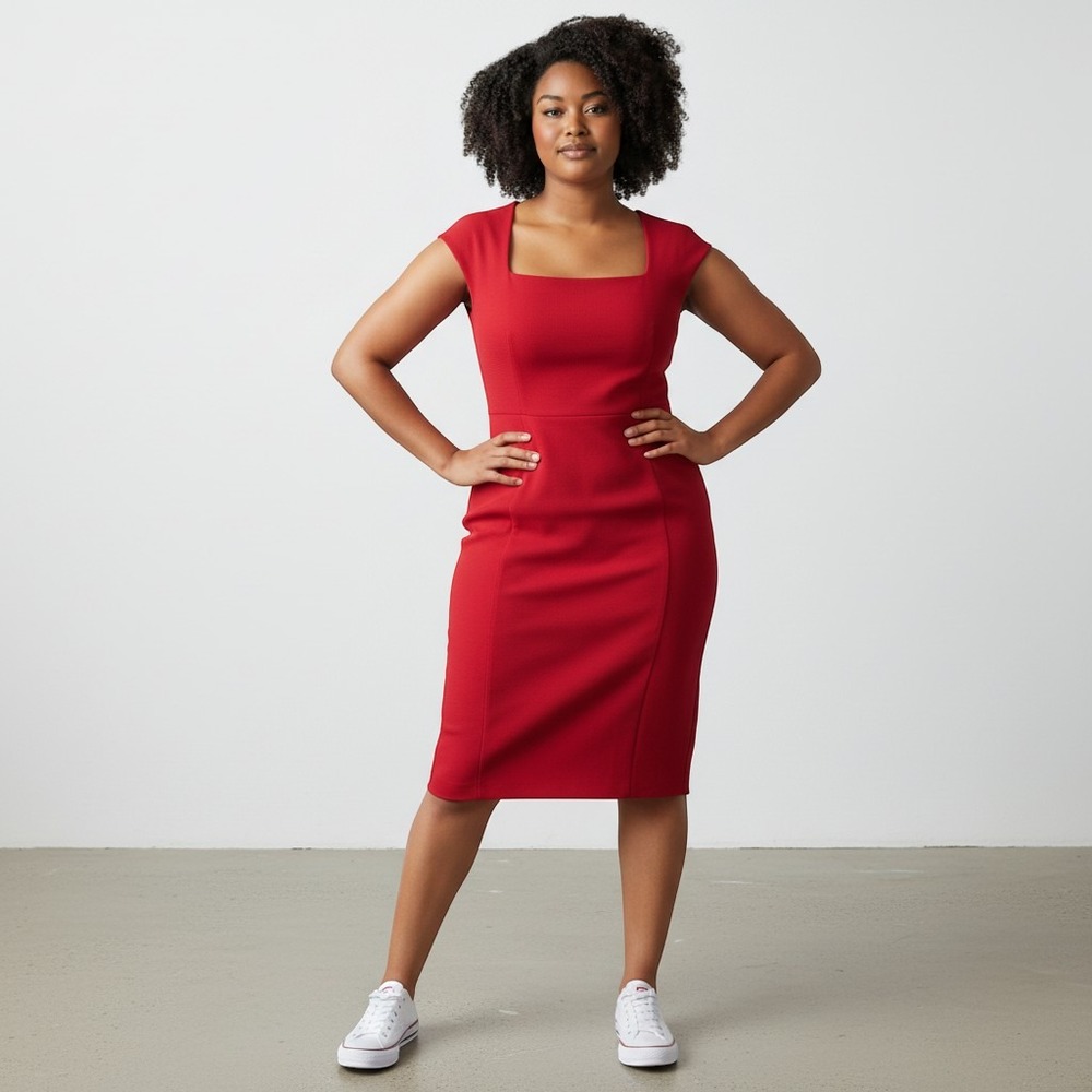 BOSS Hugo Boss Red Drilekara Textured Square Neck Sheath Dress Size 14 EUC